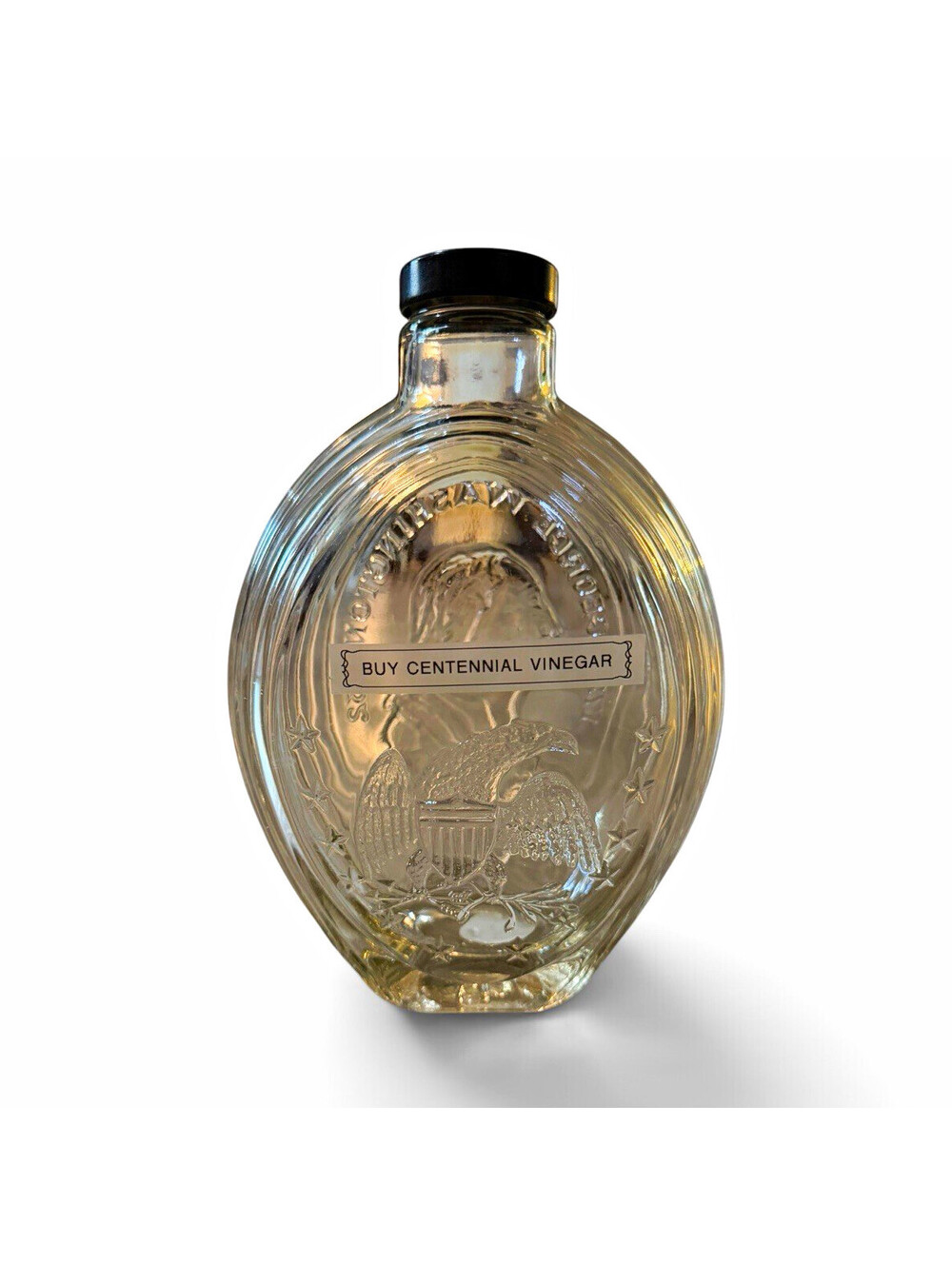 Clear Centennial Vinegar Glass Bottle Collectible with Black Cap